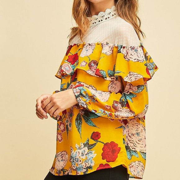 Entro Mustard Floral Print Scalloped Mock Neck Top - Picture 2 of 6